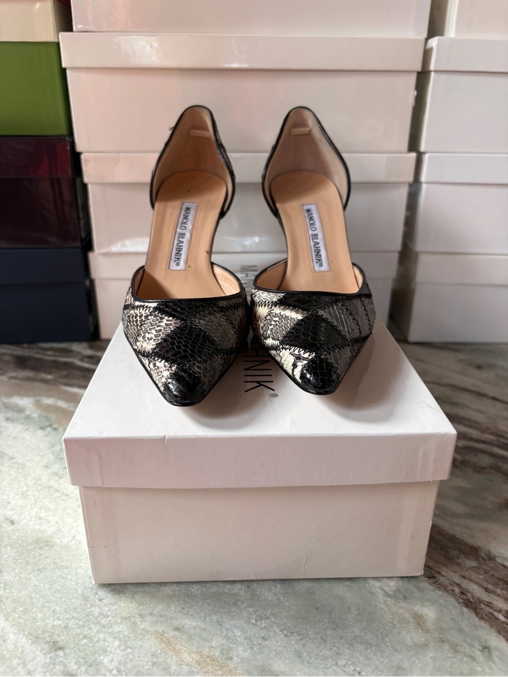 Manolo Blahnik Black & White Snake-skin patchwork D'Orsay Pumps
